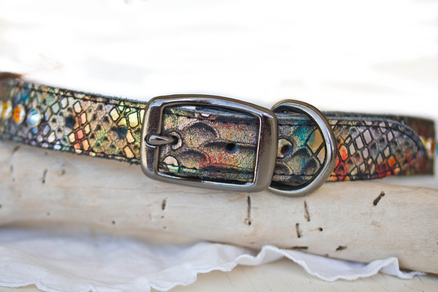 Full view of native leather crystal dog collar showing hardware and fit
