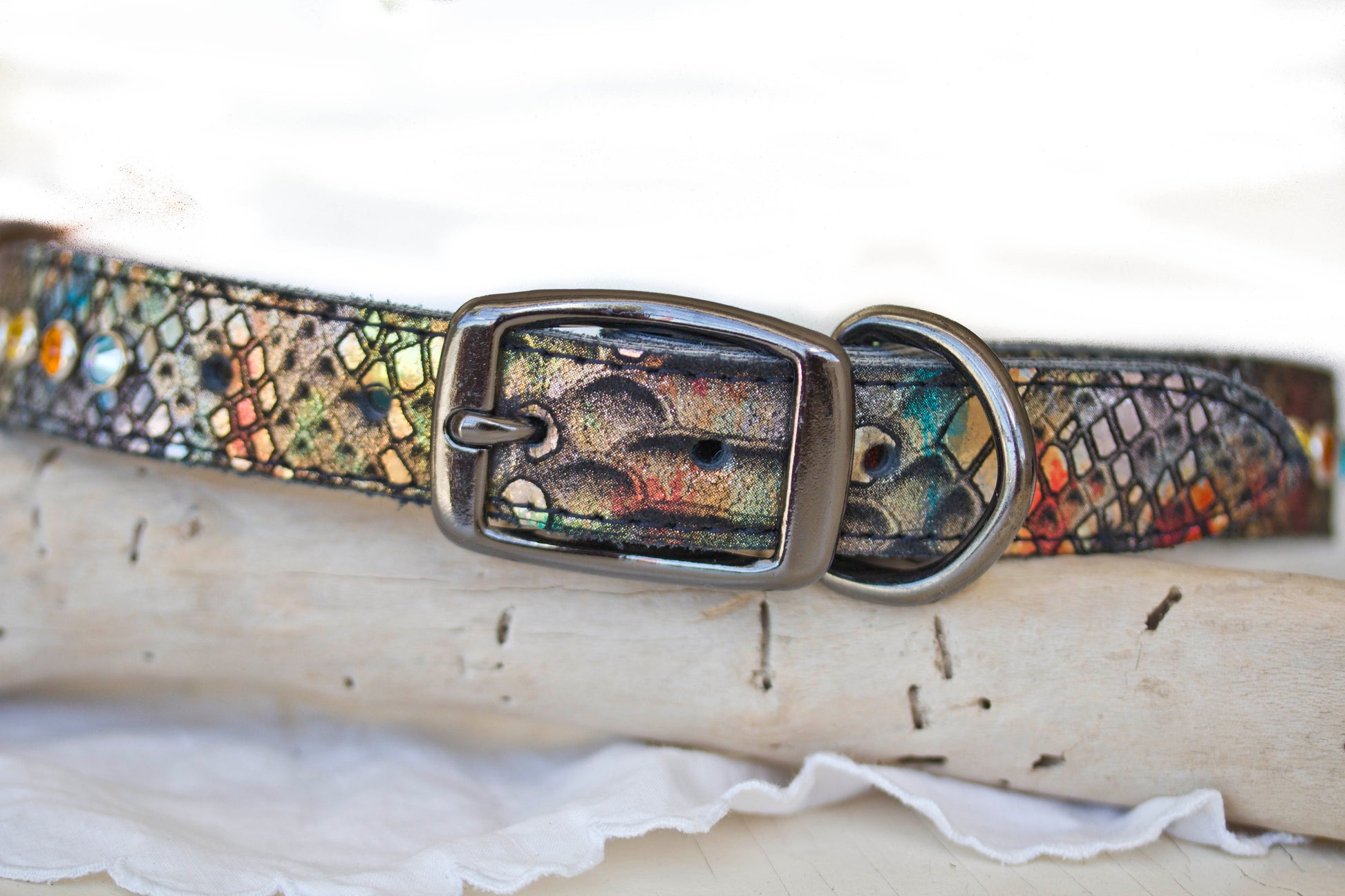 Full view of native leather crystal dog collar showing hardware and fit
