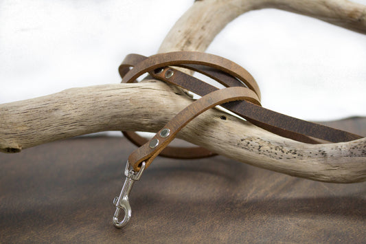 Brown heritage leather dog leash displayed on driftwood showing clasp detail - handmade in USA
