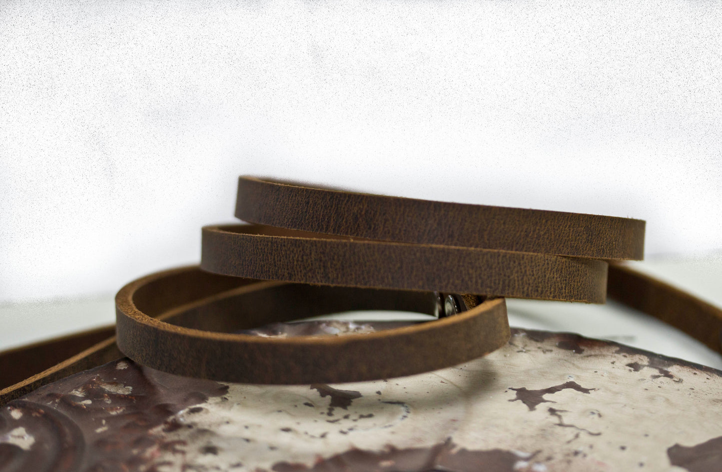 Heritage leather dog leash coiled on vintage metal frame - premium natural leather made in USA