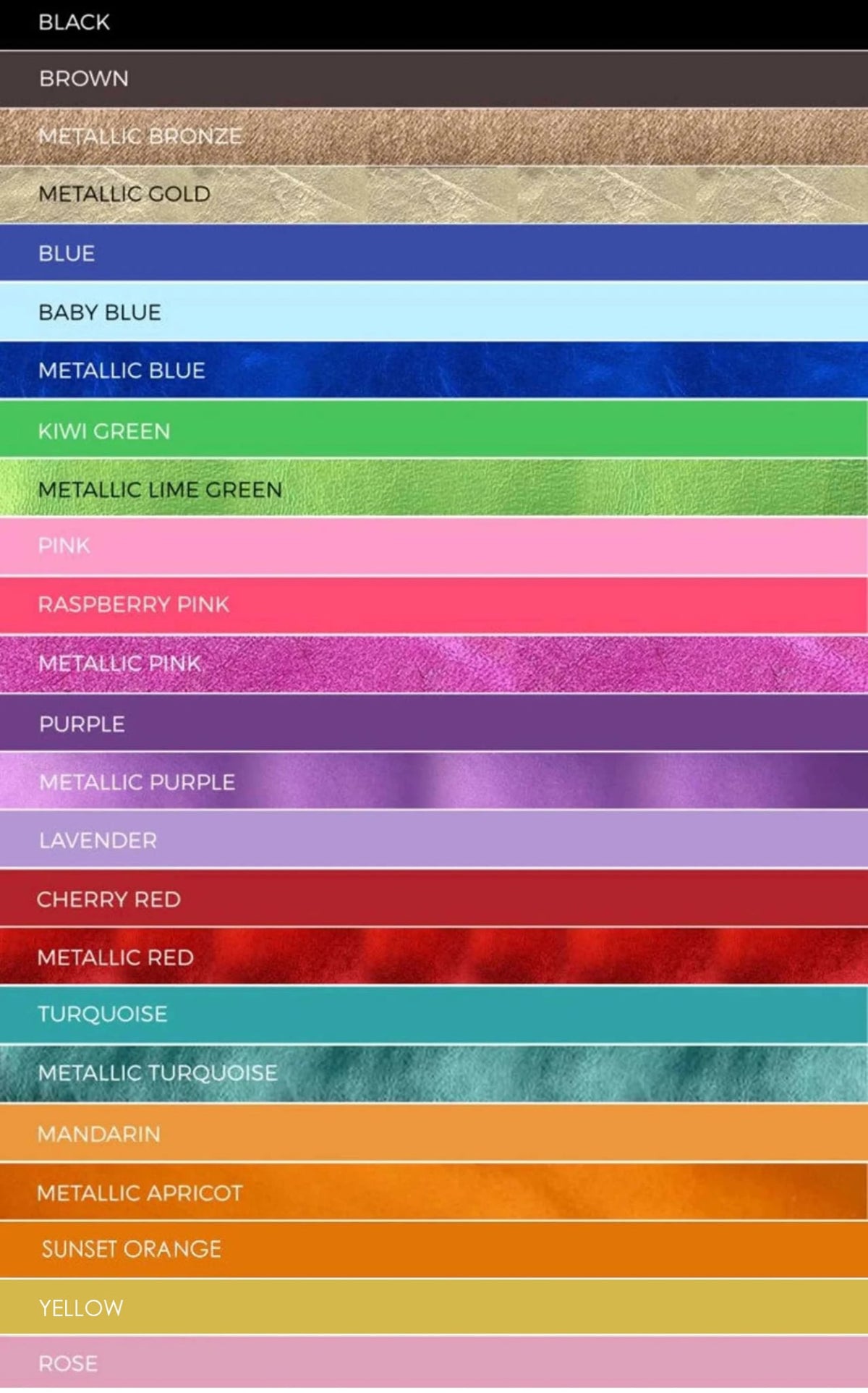 Tiny leather collar color chart showing solid and metallic leather options