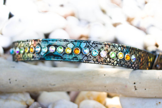 Native multi color leather and Swarovski crystal dog collar, rainbow crystals, black nickel hardware