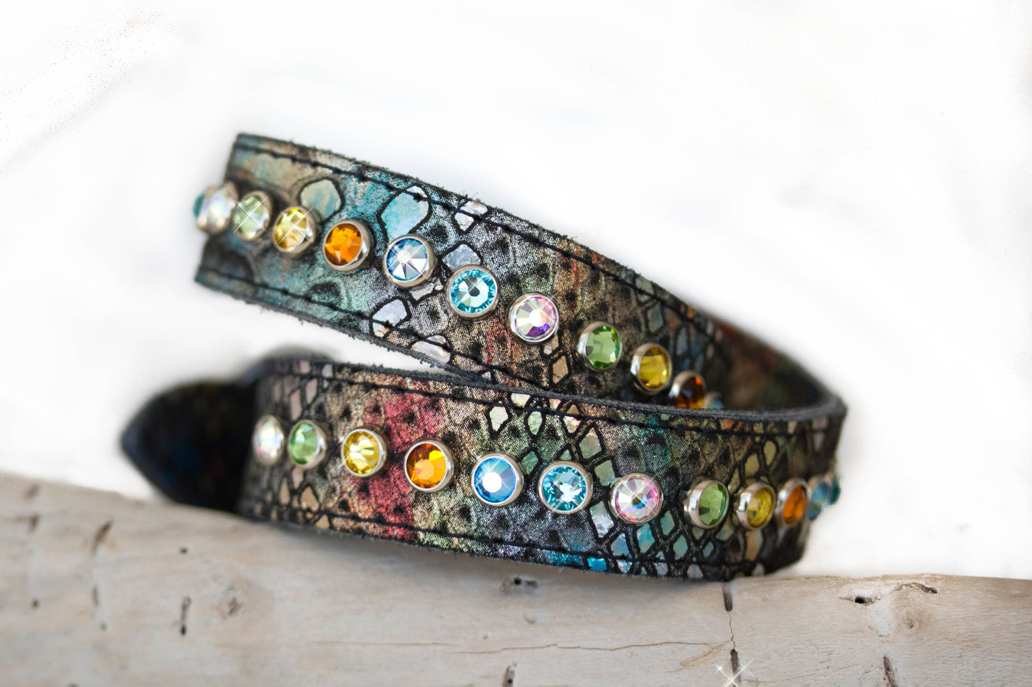 Handmade leather dog collar with rainbow Swarovski crystals, multi-color native print suede