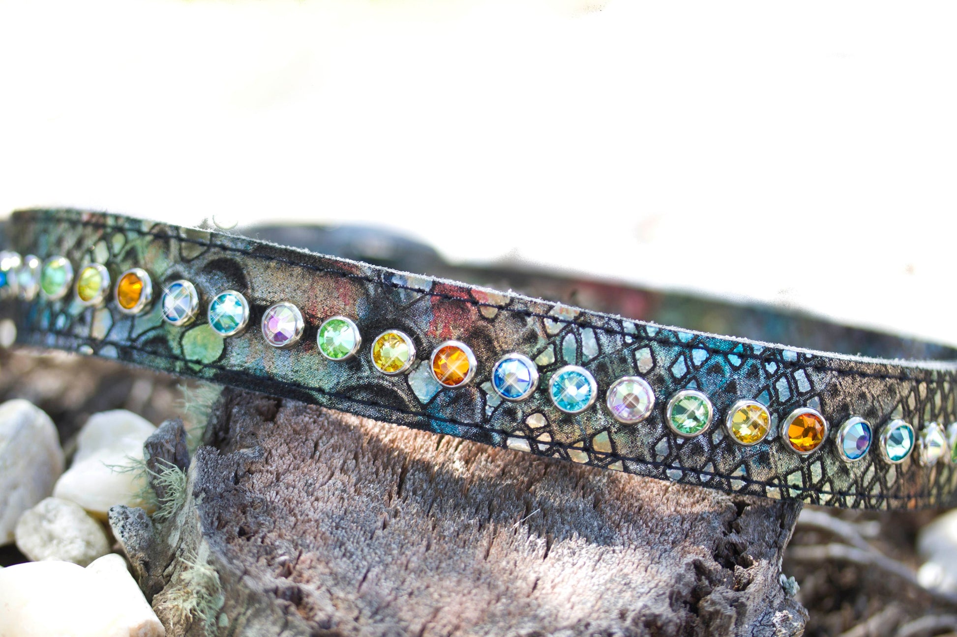 Native multi color crystal dog collar detail shot, handmade in USA