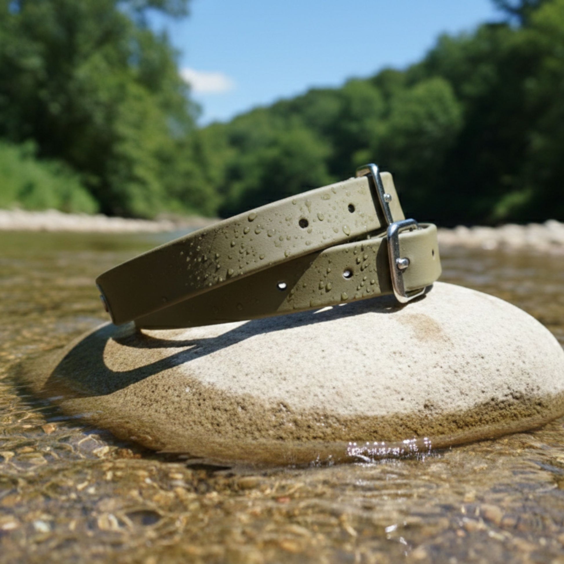 Army Green Waterproof dog collar on a rock with a river and trees in the background