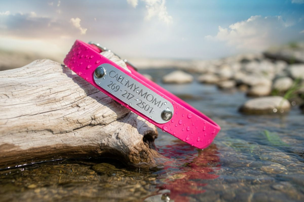  Pink waterproof biothane dog collar personalized with engraved nameplate by Kippy and Co