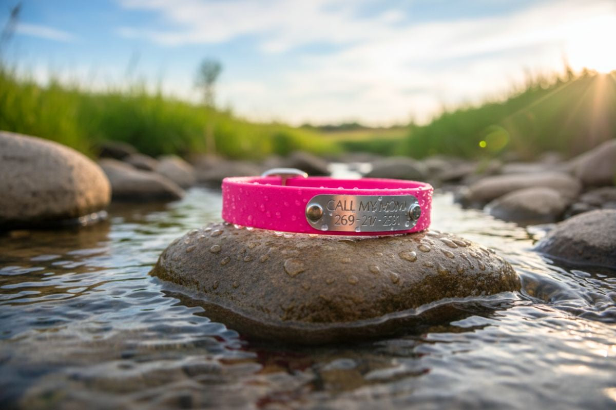 Close-up of pink waterproof biothane collar personalized showing custom engraving detail