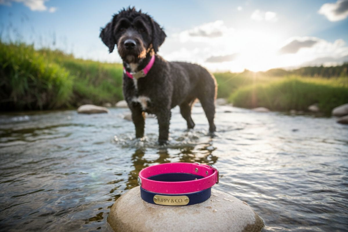 Dog wearing pink waterproof biothane collar personalized for outdoor adventures