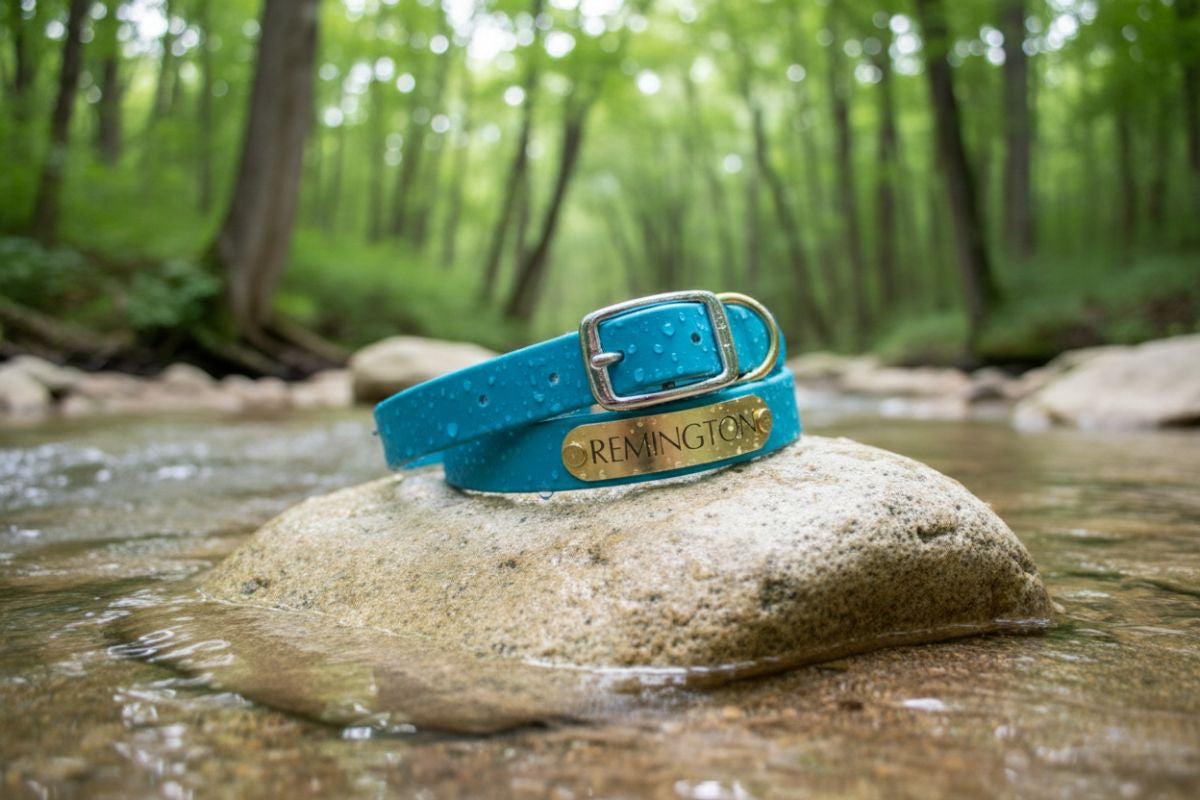 Blue leather waterproof collar with 'Remington' engraved on nameplate in a forest stream