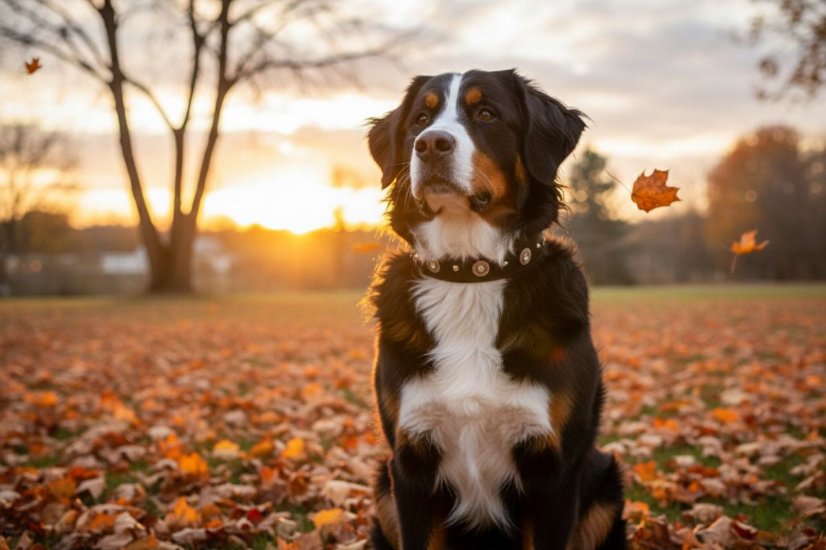 Dog sitting in a field of autumn leaves with a sunset in the background