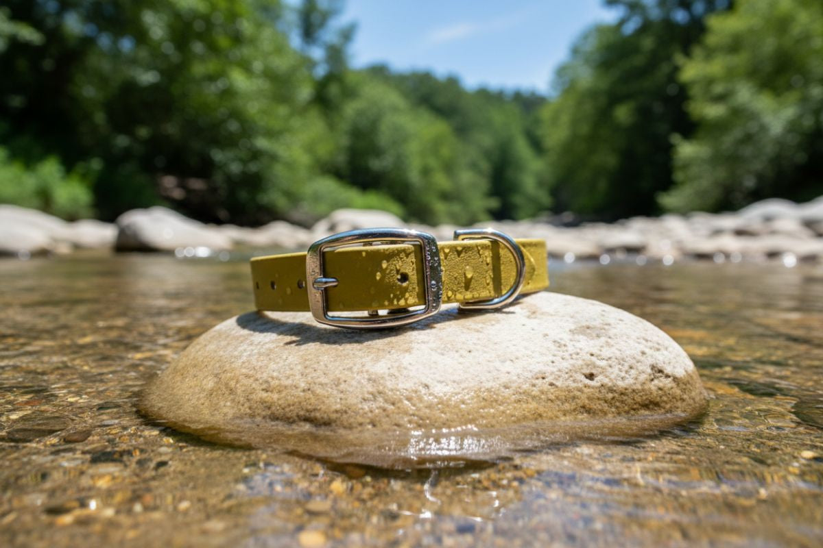 Gold waterproof dog collar hardware and buckle detail