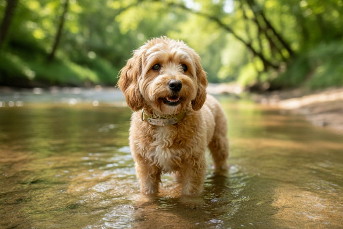 Dog standing in a stream wearing Gold BioThane waterproof collar