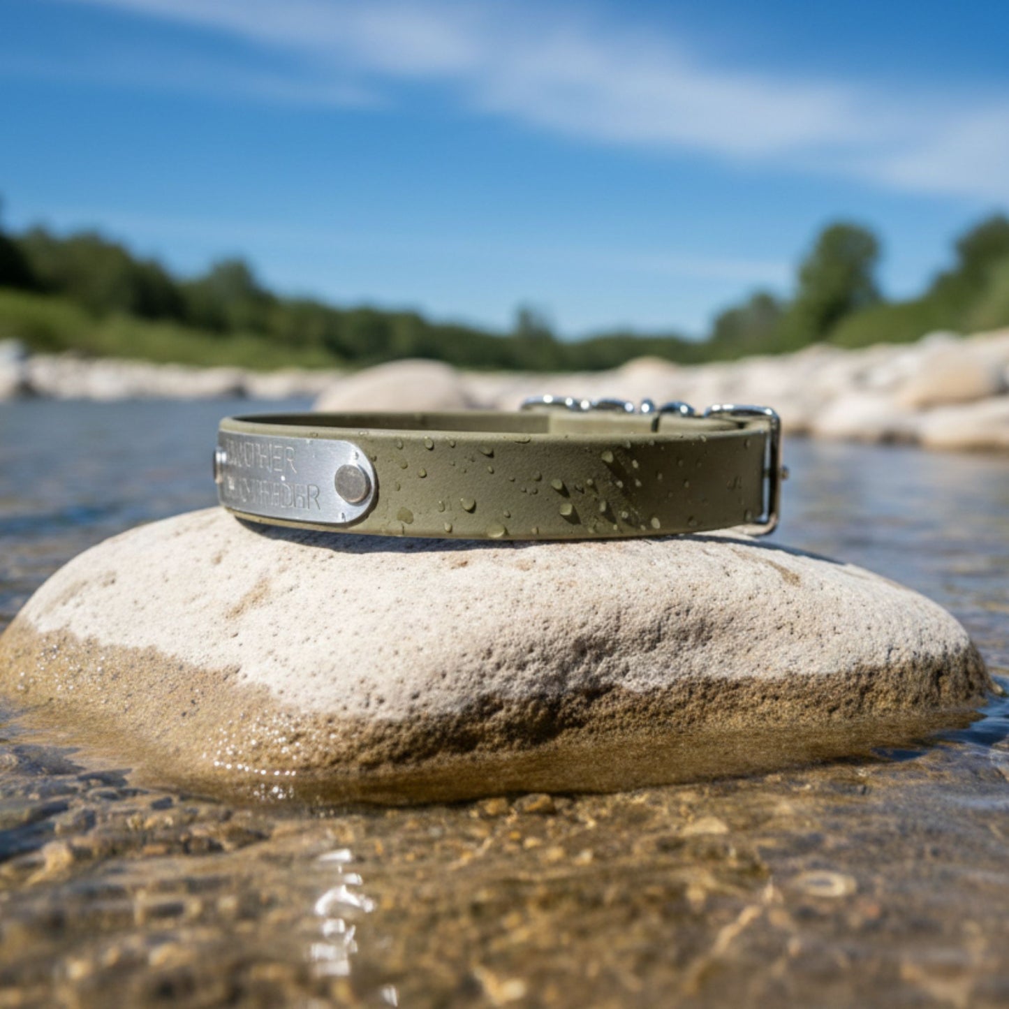 Army Green dog collar with metal tag on a rock by a water body