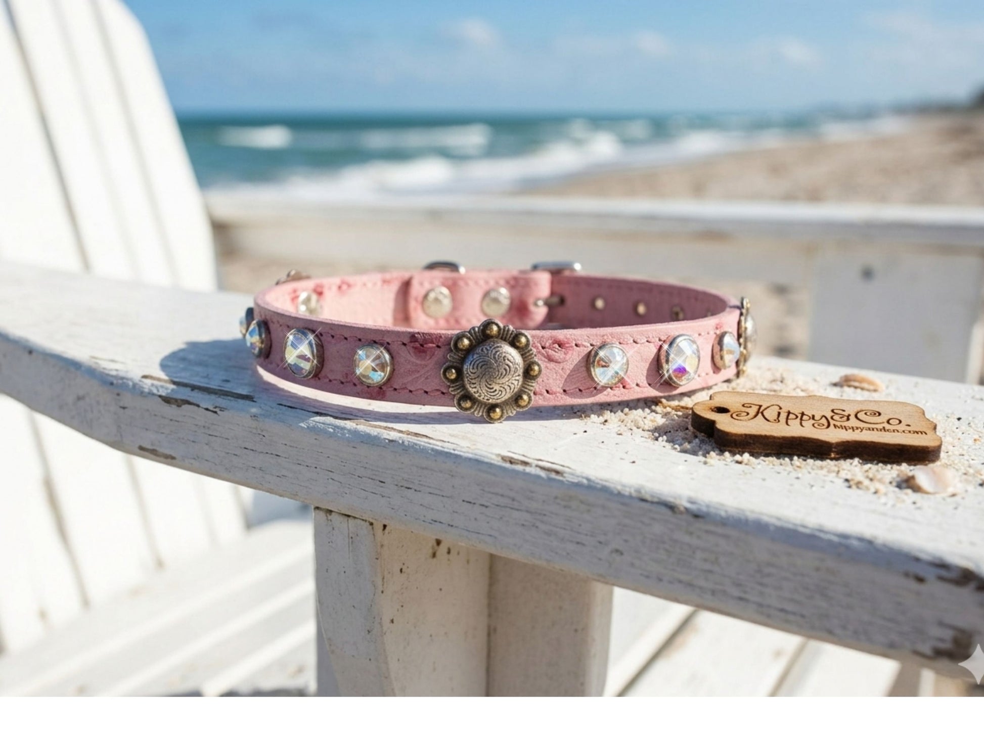 Pink ostrich leather dog collar on beach chair arm - handmade 1/2 inch crystal collar made in USA