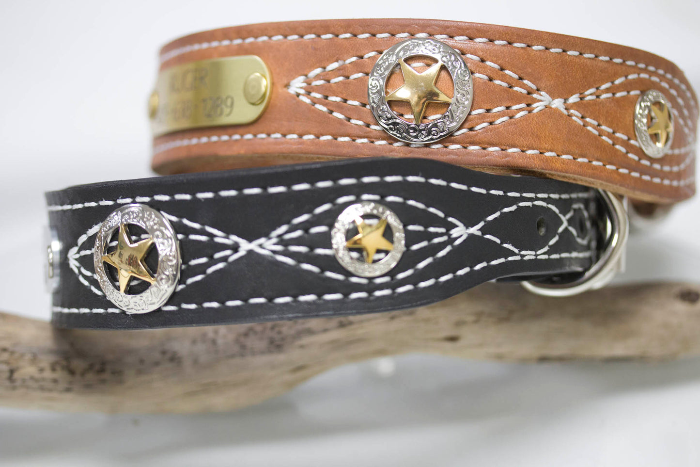 Leather Dog Collar 1.5 inch wide with a personalized name plate, white stitching and Texas Star Conchos in a mixed metal