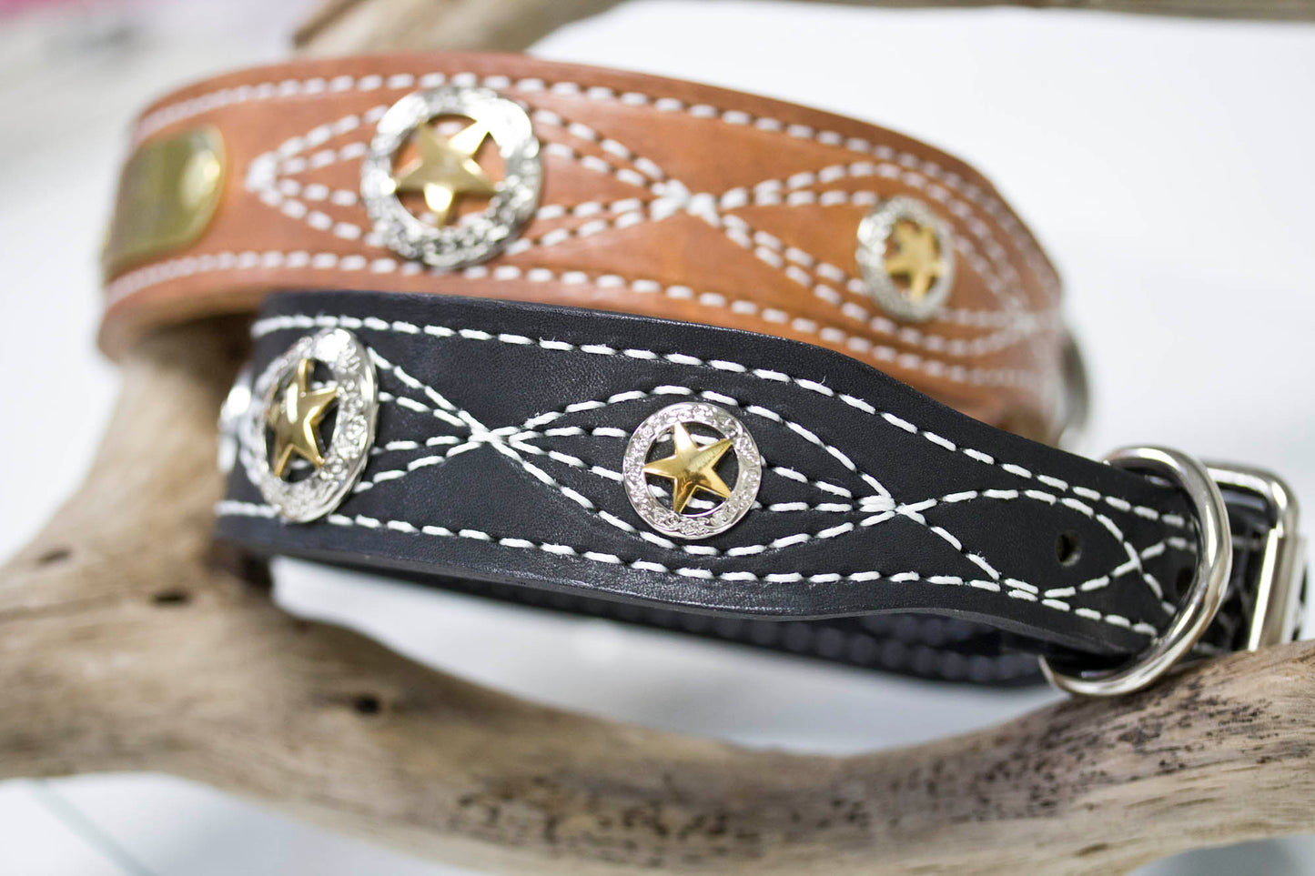 Leather Dog Collar 1.5 inch wide with a personalized name plate, white stitching and Texas Star Conchos in a mixed metal