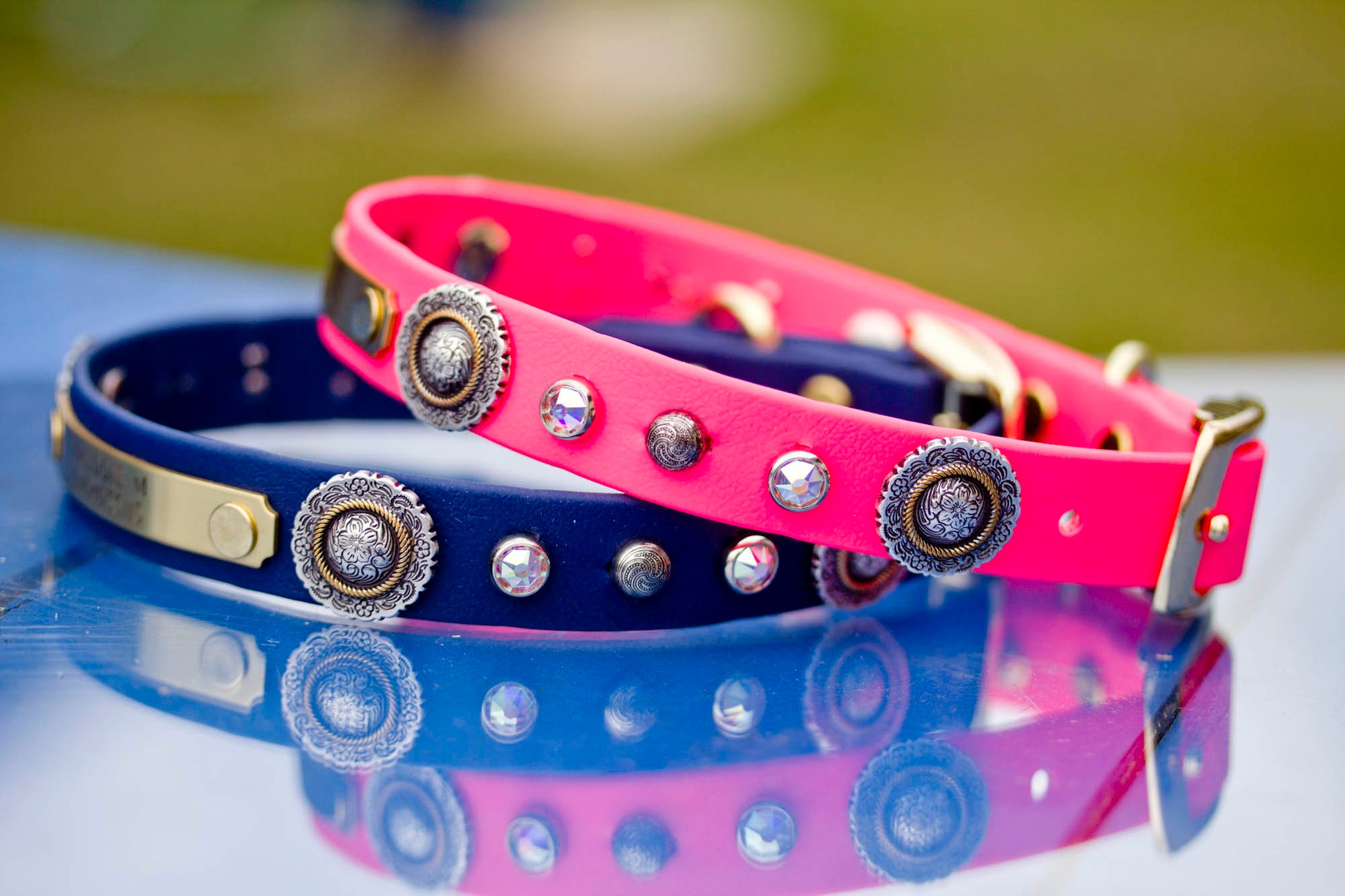 waterproof collar with engraved name plate, floral swirl conchos, swirl spotl and AB swarovski crystals