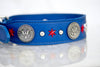 1.5 inch wide leather collar with United States Army Conchos, Red Star Conchos and silver spots with a personalized name plate