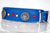 1.5 inch wide leather collar with United States Army Conchos, Red Star Conchos and silver spots with a personalized name plate