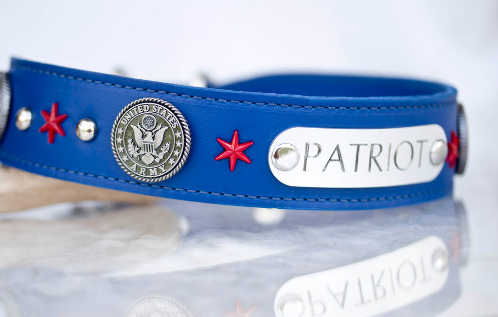 1.5 inch wide leather collar with United States Army Conchos, Red Star Conchos and silver spots with a personalized name plate