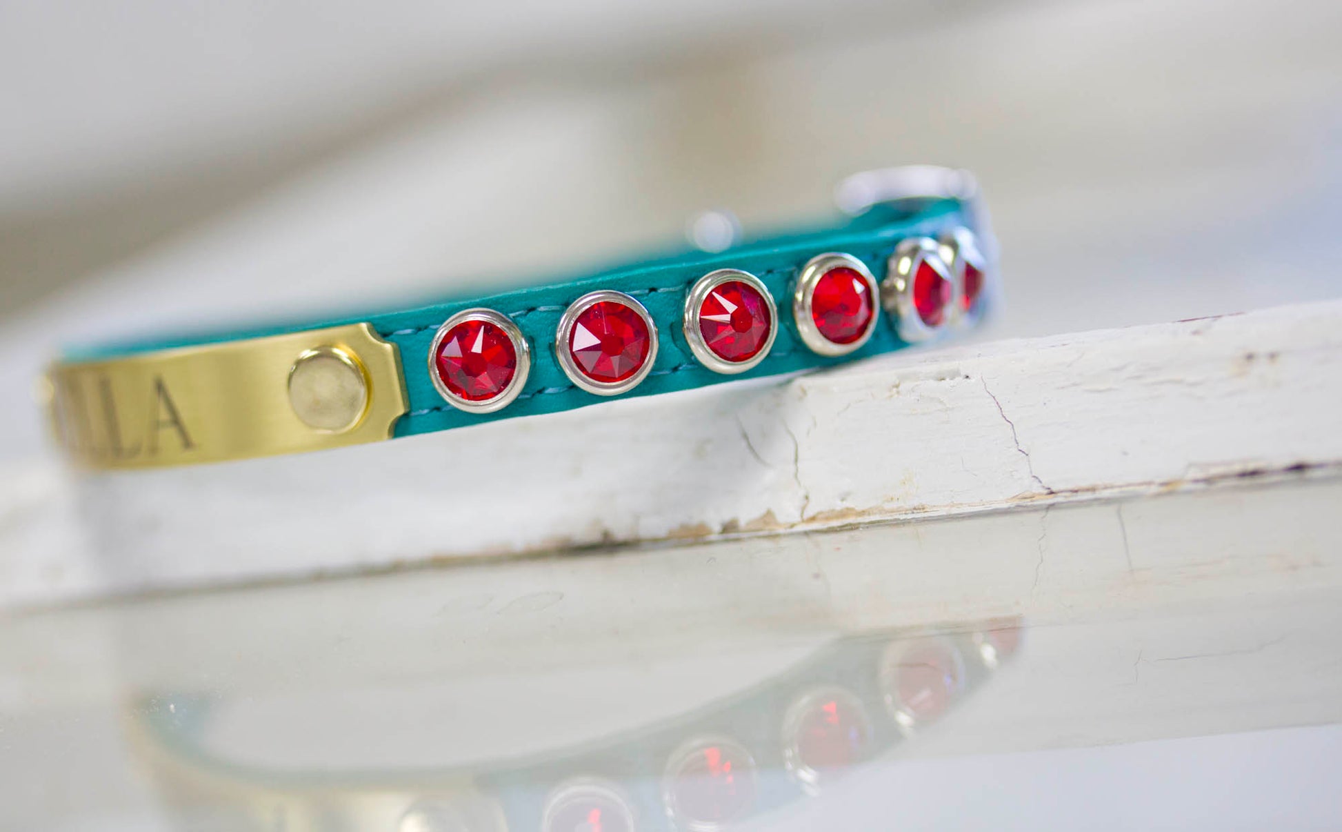 Small lether Collar with Red Siam Crystals and personalized name plate