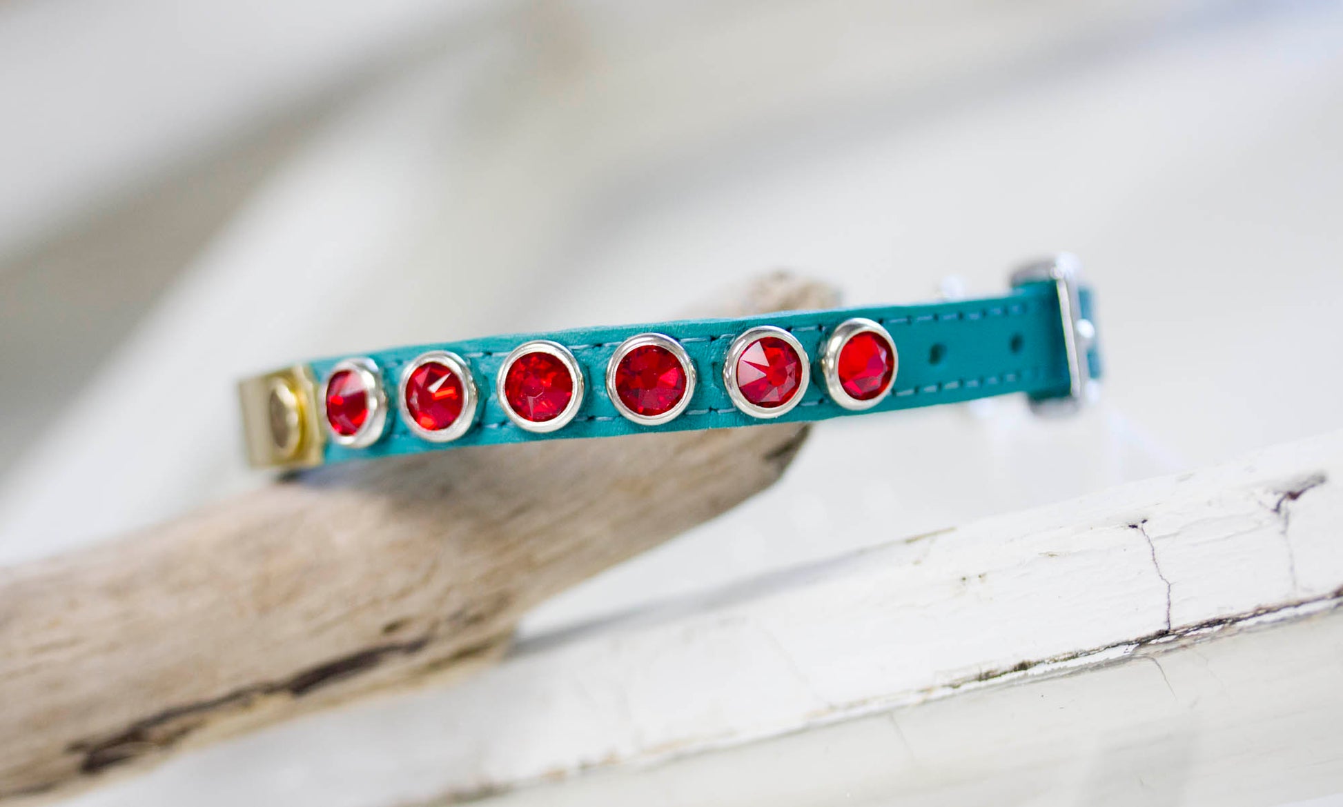 Small lether Collar with Red Siam Crystals and personalized name plate