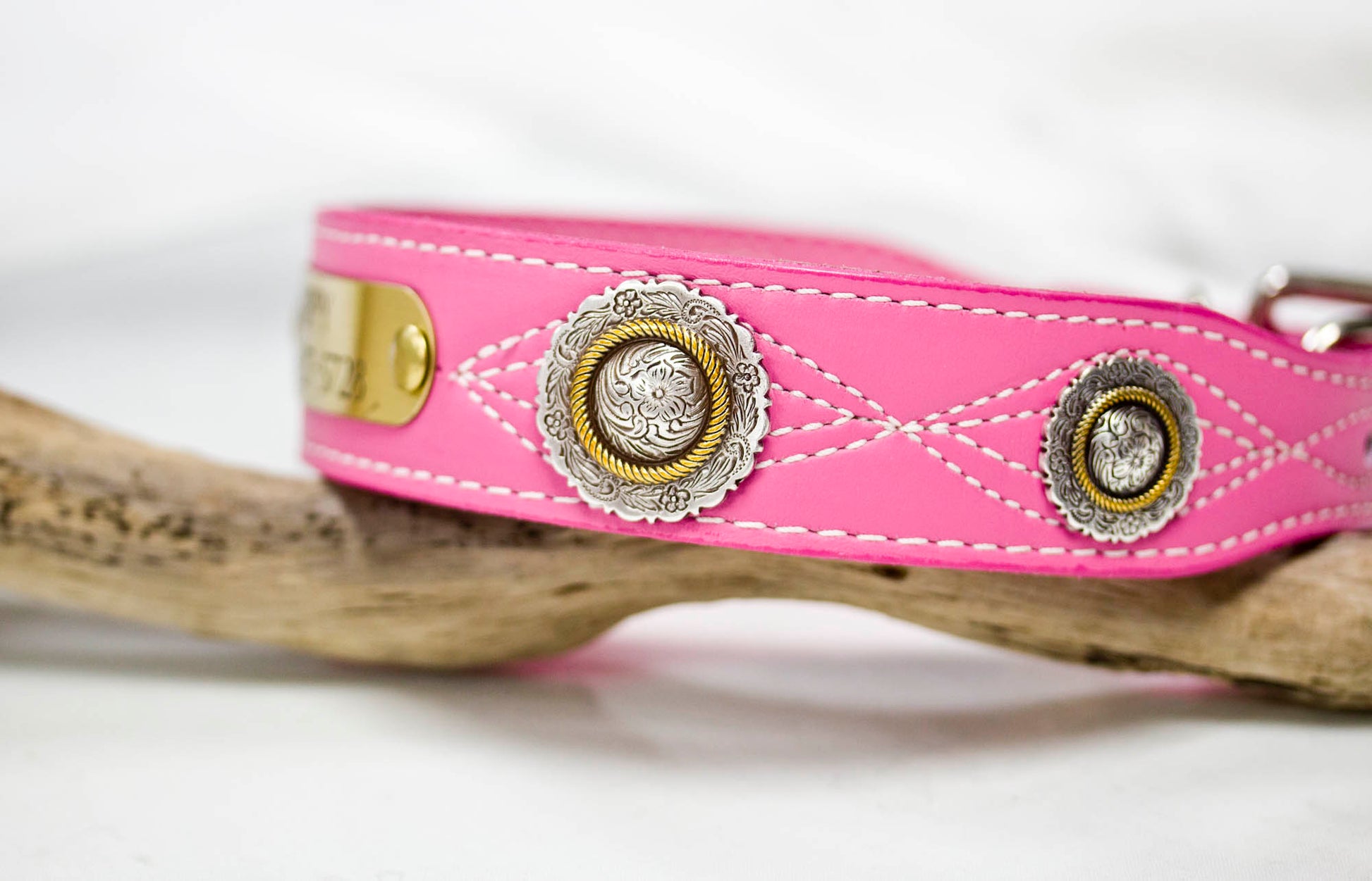 Leather Dog Collar with Personalized name plate and  antique silver floral engraved conchos with brass rope center