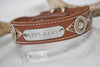Leather Dog Collar with Personalized name plate and  antique silver floral engraved conchos with brass rope center
