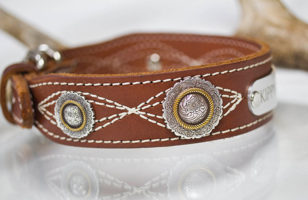 Leather Dog Collar with Personalized name plate and  antique silver floral engraved conchos with brass rope center