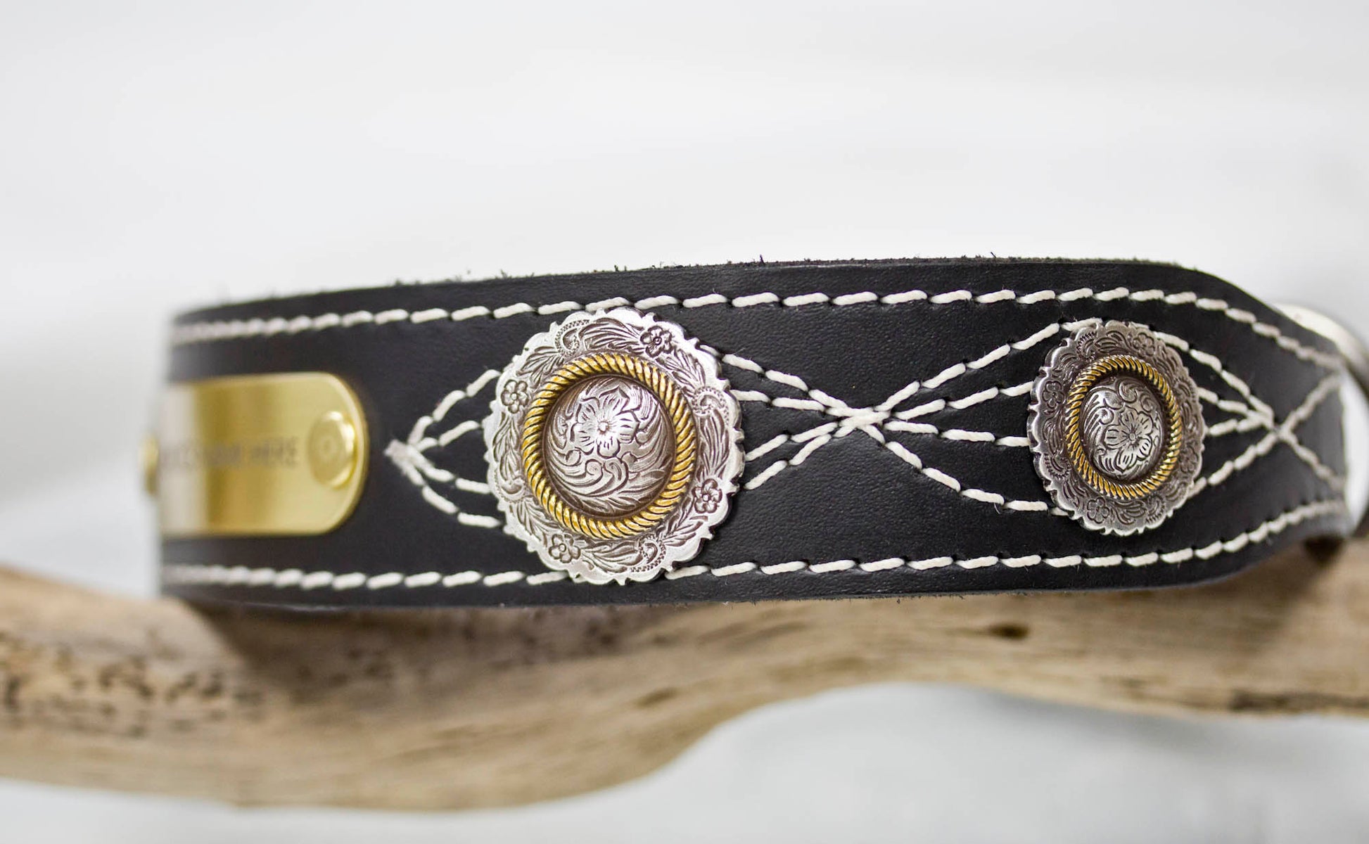 Leather Dog Collar with Personalized name plate and  antique silver floral engraved conchos with brass rope center