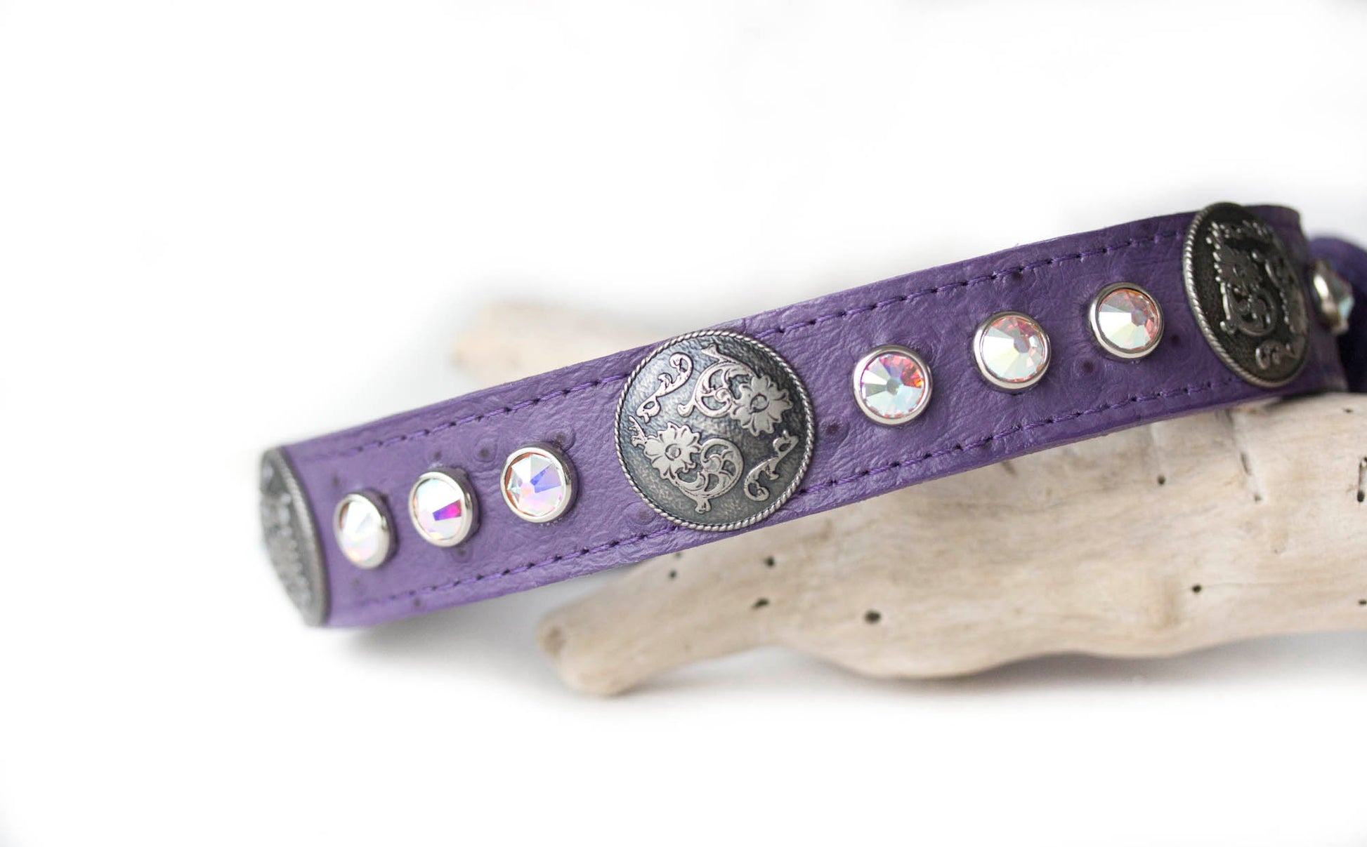 Leather Collar with Swarovski Crystals and Old Silver Double Flower Conchos