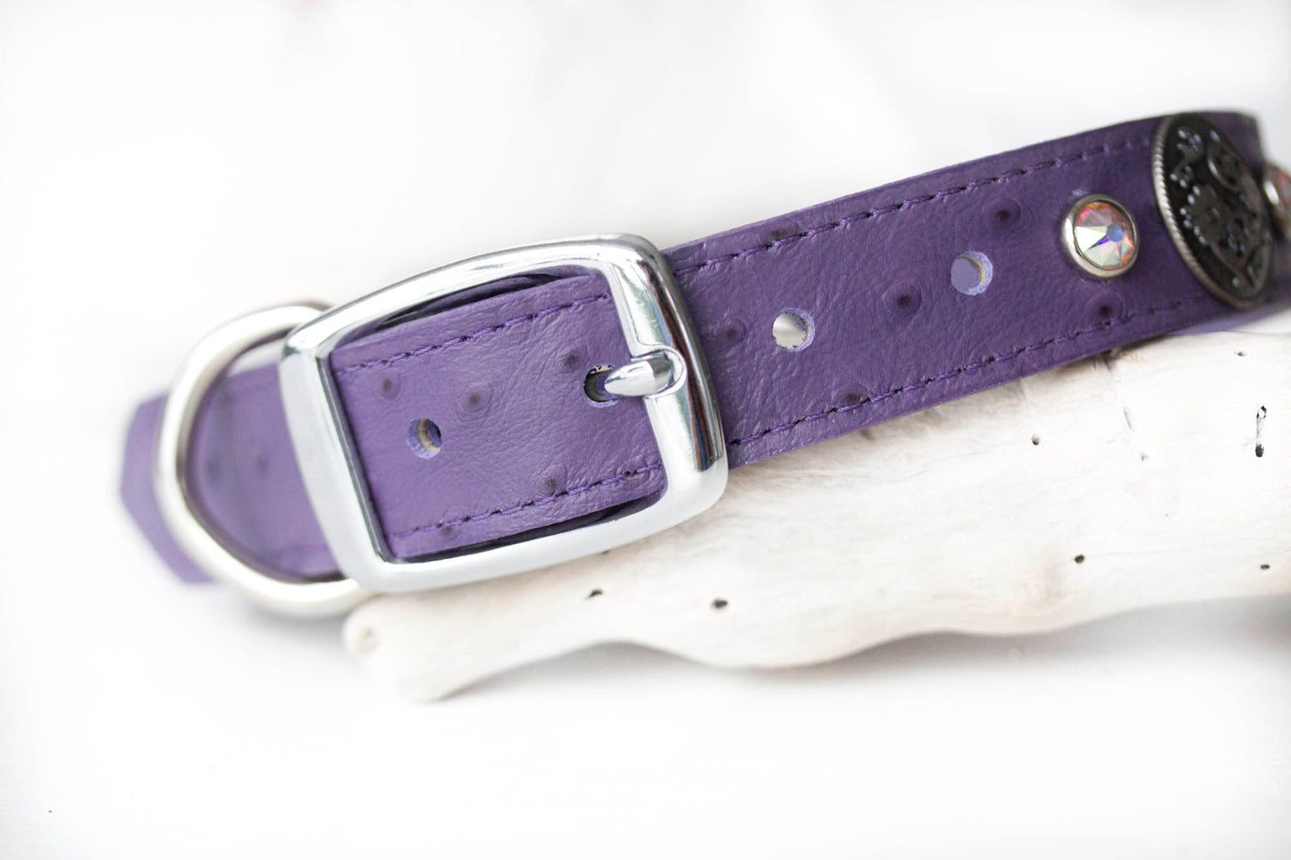 Leather Collar with Swarovski Crystals and Old Silver Double Flower Conchos