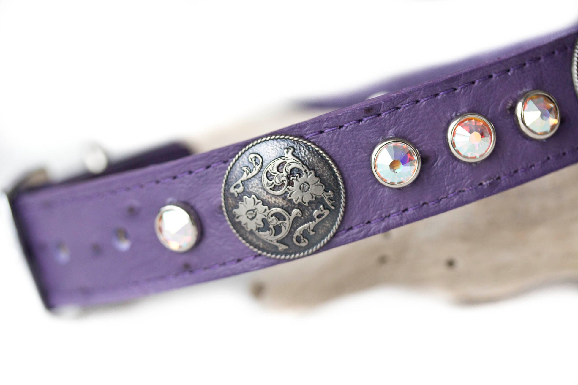 Leather Collar with Swarovski Crystals and Old Silver Double Flower Conchos