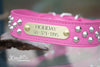 Pink Leather Studded Collar With Engraved Name Plate
