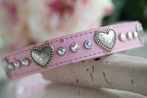 Leather Dog Collar Hearts and Crystals