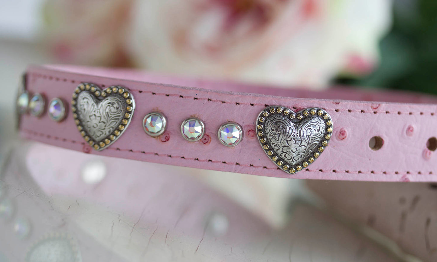 1 inch wide leather faux ostrich with flower swirled nickel and brass hearts and Swarovski AB Crystals