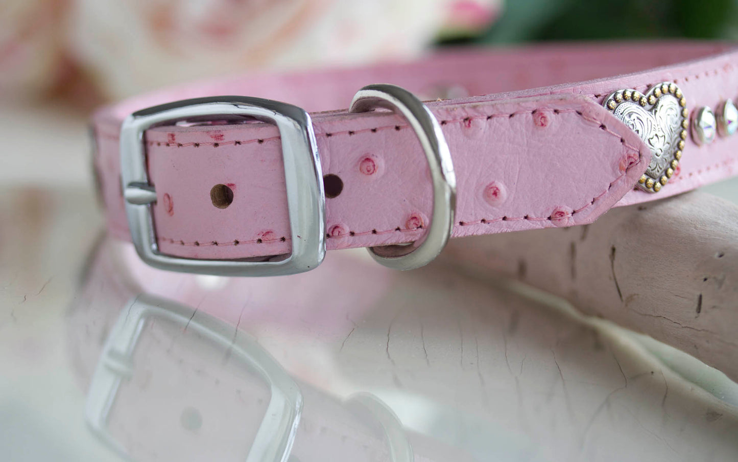 1 inch wide leather faux ostrich with flower swirled nickel and brass hearts and Swarovski AB Crystals
