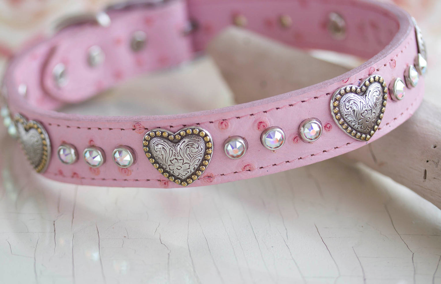 1 inch wide leather faux ostrich with flower swirled nickel and brass hearts and Swarovski AB Crystals