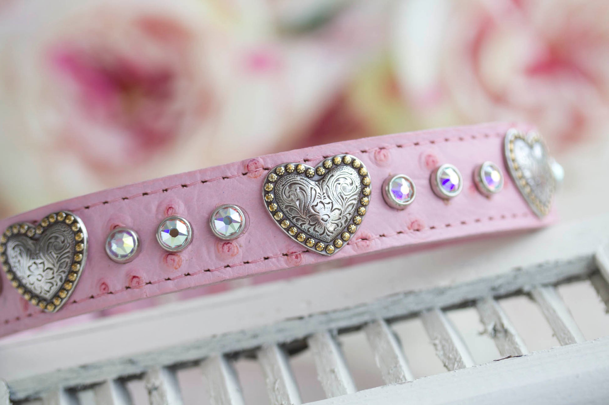 1 inch wide leather faux ostrich with flower swirled nickel and brass hearts and Swarovski AB Crystals
