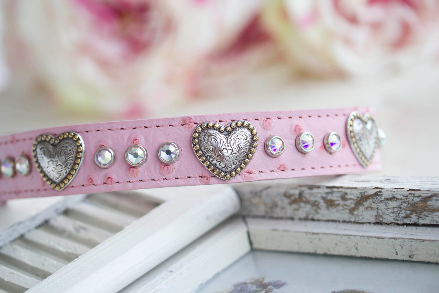 1 inch wide leather faux ostrich with flower swirled nickel and brass hearts and Swarovski AB Crystals