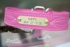 Personalized leather dog collar with fancy stitching and engraved brass or silver name plate