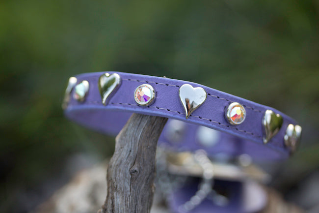 Lavender Leather Dog Collar with Silver Hearts and Crystals