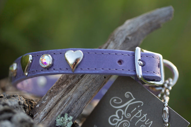 Lavender Leather Dog Collar with Silver Hearts and Crystals