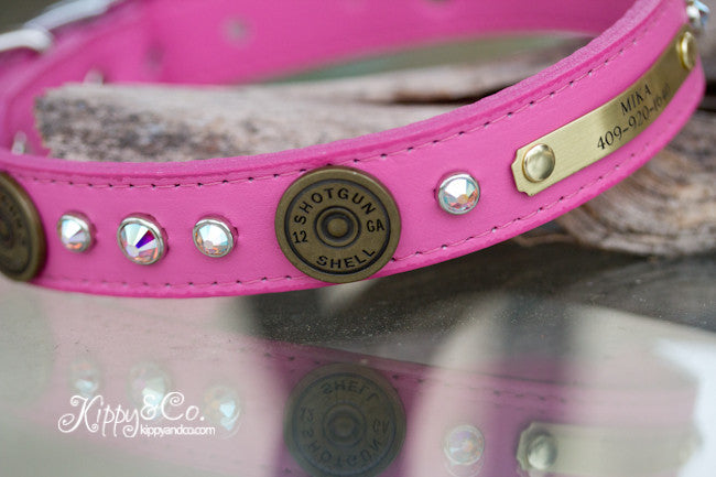 Pink 12 Guage Shotgun Shell Dog Collar with AB Crystals and Personalized Name Plate