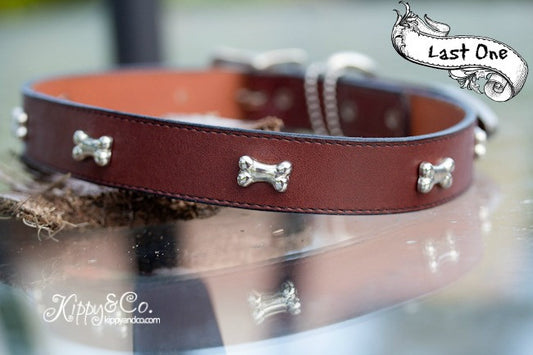 Brown Leather Dog Collar With Silver Bones