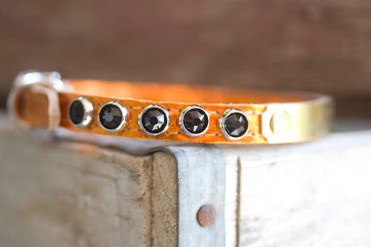 Handmade biker leather dog collar with Jet Black Swarovski crystals and engraved brass name plate – Kippy and Co