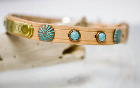 Turquoise and Patina Copper Leather Dog Collar