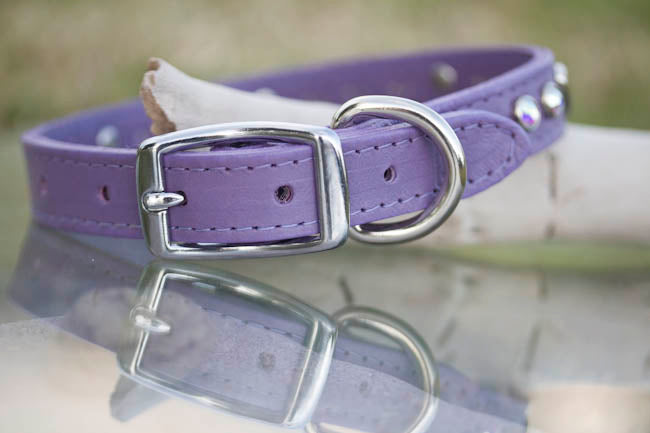 Leather Collar with Silver Hearts and AB Swarovski Crystals