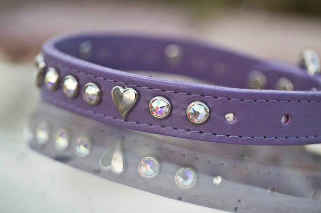 Leather Collar with Silver Hearts and AB Swarovski Crystals