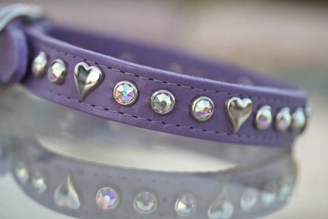 Leather Collar with Silver Hearts and AB Swarovski Crystals